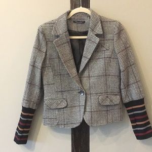 Plaid blazer with jersey  knit striped cuffs